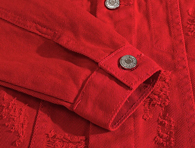 Veste en jean déchiré à revers pour homme, style décontracté, rouge, à la