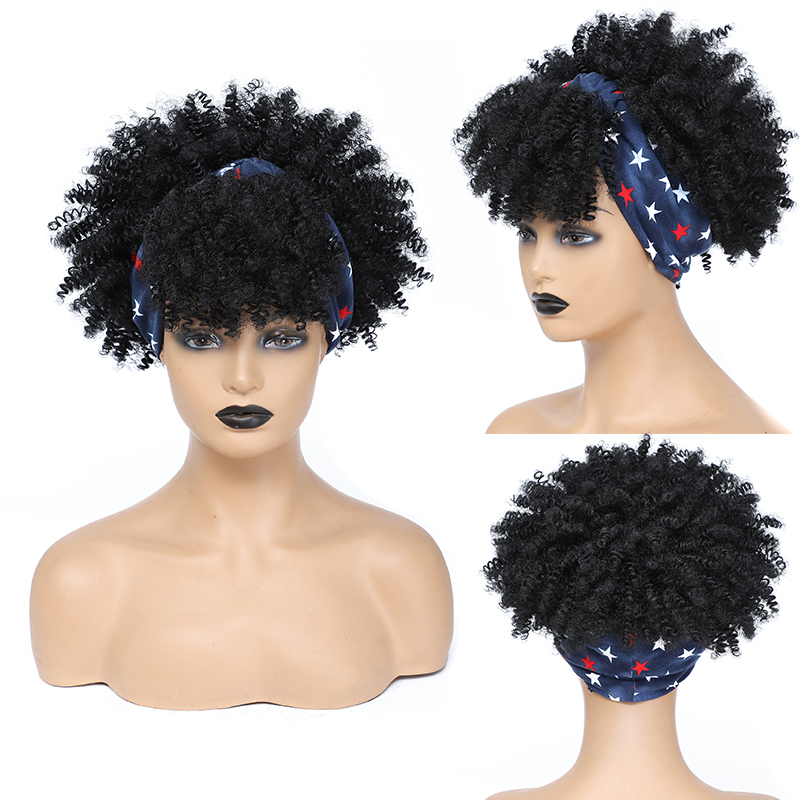 Afro Kinky Curly Headband Wigs Short Fluffy Curly Scarf Wig with Bangs Natural Synthetic Afro Curly Head Band Wig Cosplay: NC/4HL