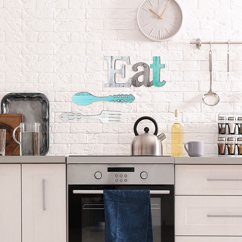 Set Of EAT Sign, Fork And Spoon Wall Decor, Cute Eat Letters For Kitchen And Home, Decorative Hanging Wooden Letters