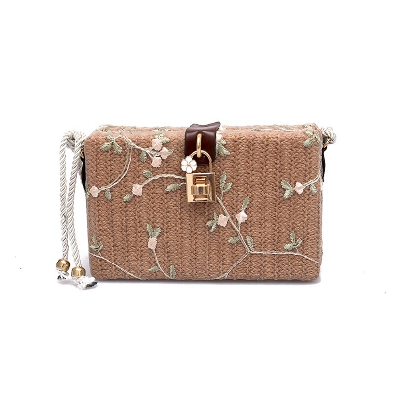 Strand rektangel boks bag rotting strå crossbody vesker bohemia veske shouldbag oss: Mørk khaki