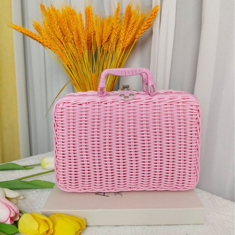 Caja de tejida, caja de almacenamiento de mimbre tejida de simulación, Retro con asa, maleta de boda, cestas tejidas para Picnic en el hogar, boda