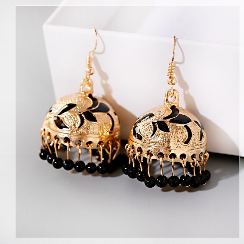 Gypsy Jewelry White Beads Tassel Jhumka Earrings For Women Pendiente Bohemian Ethnic Flower Leaf Shape Bells Earrings: Style 1