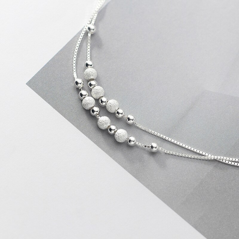 Miqiao 925 Sterling Silver Beach Been Accessoires Enkelbandjes Voor Vrouwen Eenvoudige Frosted Bead Vrouwelijke Dubbele-Gelaagde Schoeisel