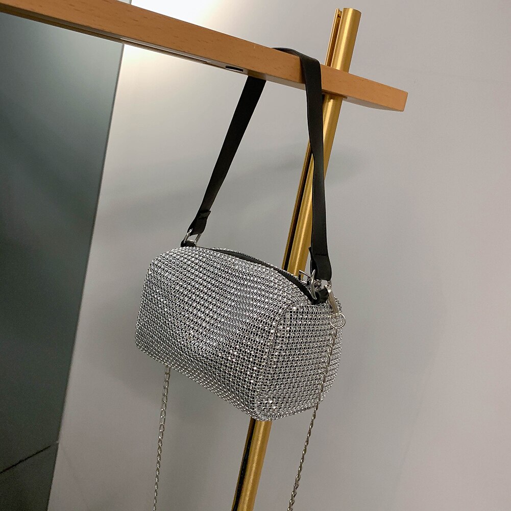 Rhinestone Crossbody Tas Klassieke Textuur Chic Vrouwen Shiny Chain Evening Clutch Schouder Pouch