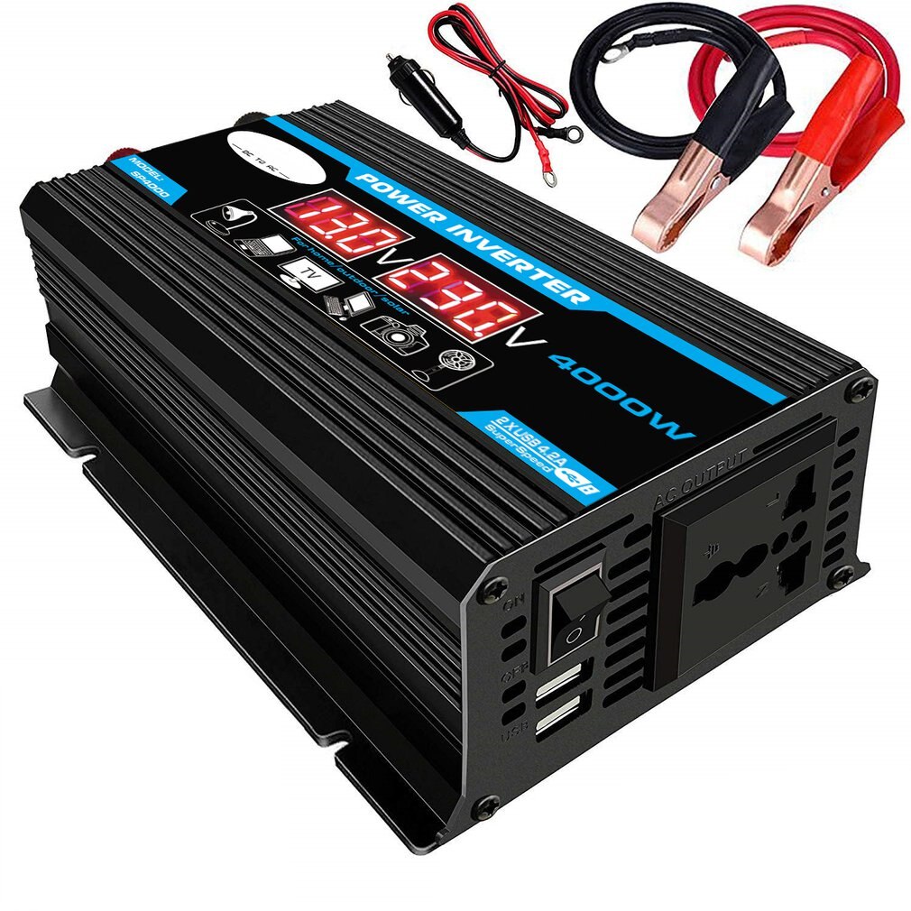 Novo 4000w 12v 220v/110v led ac inversor de potência do carro conversor carregador adaptador inversor dupla usb transformador modificado onda senoidal: 220V BLACK