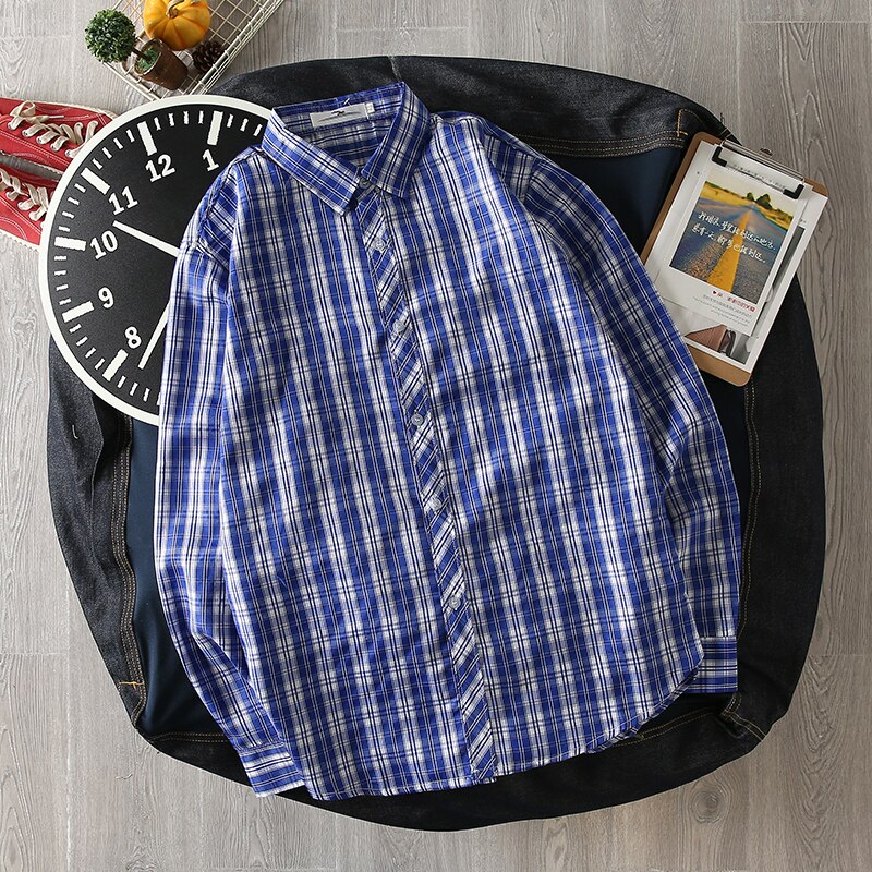 Lange Mouw Mannen Herfst Plaid Harajuku Kleding Alle Match Casual Heren Shirts Stijlvolle Turn-Down Kraag Japanse Streetwear: blue / L