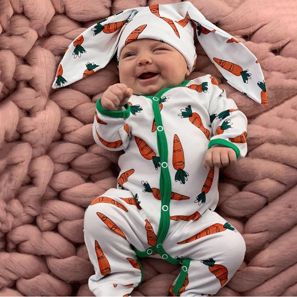 Infant Baby Boys&girls Clothing Cartoon Carrot Print Romper Jumpsuit And Rrabbit Ears Hat Year Costume for Newborn Overall