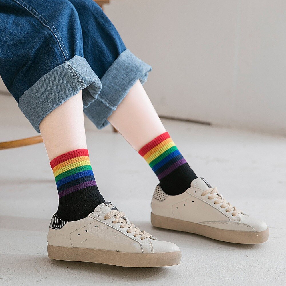 Grappige Leuke Regenboog Gestreepte Sokken Meisjes Katoen Losse Crew Sokken Kleurrijke Vrouwen Kid Harajuku Retro Kerstcadeau Sokken