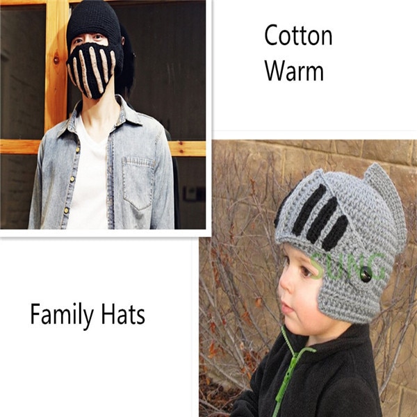 Roman Knight Helmet Caps Winter Warm Hats For Family Novelty Handmade Knit Hats Father Kids Beanies Cap Party Mask