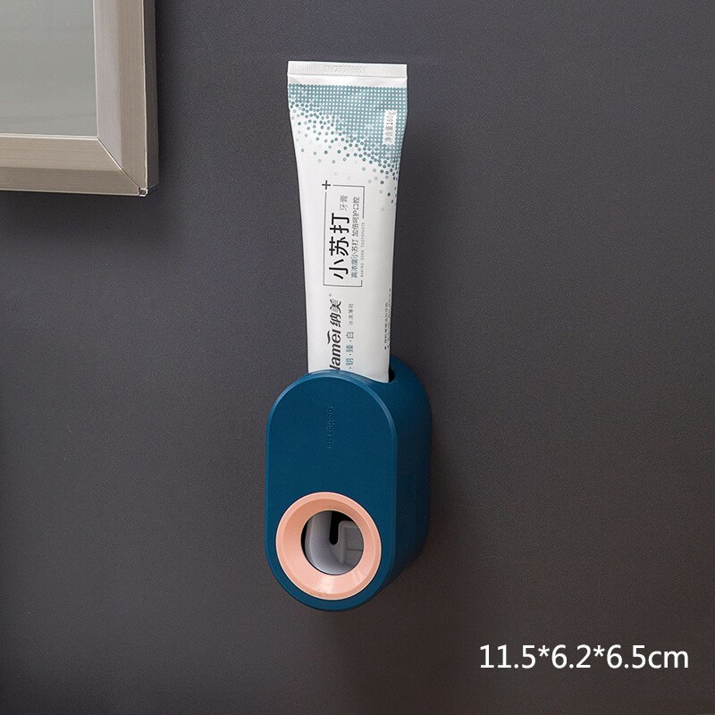 Magnetic Adsorption Inverted Toothbrush Holder Double Automatic Toothpaste Squeezer Dispenser Storage Rack Bathroom Accessories: Blue