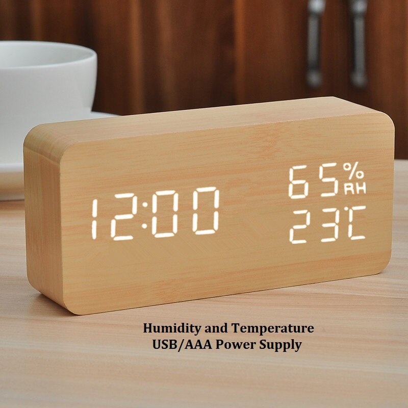 Led Houten Tafel Klok Desktop Vierkante Usb/Aaa Powerd Digitale Display Voice Control Snooze Elektronische Wekker Oogbescherming: Time TEMP RH003