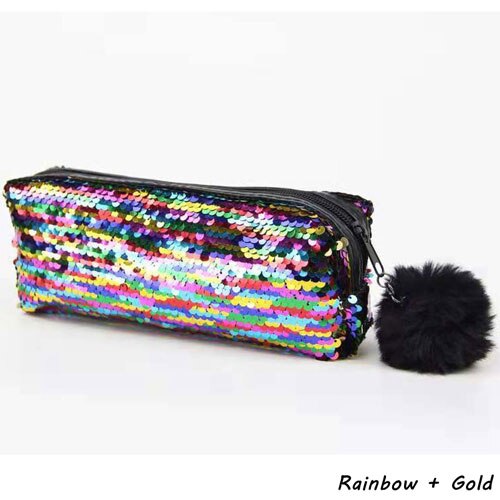 Estuche para lápices con lentejuelas para niñas, material escolar, estuche para lápices con bolas de pelo, caja de lápices Estuche para escolar: Rainbow plus Gold