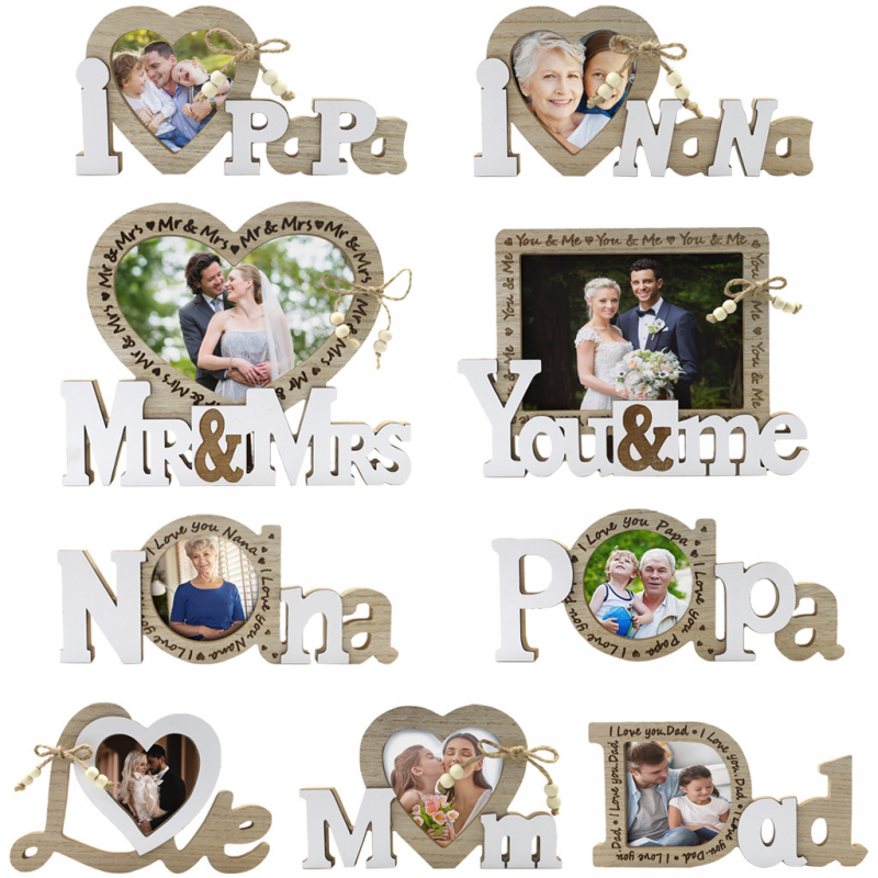 Marco de fotos de corazón de amor de madera, adornos artesanales, marco de fotos, cereza para boda, Día del Padre, Día de San Valentín, decoración de mesa,