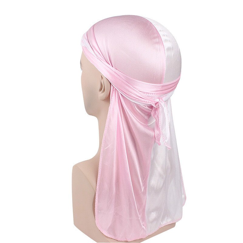 Neue Männer Patchwork Durags Doppel Farben Weiche Satin- Durag Bandanas Turban Bunte Headwear Stirnband Hütte Haar Zubehör: Rosa Weiß