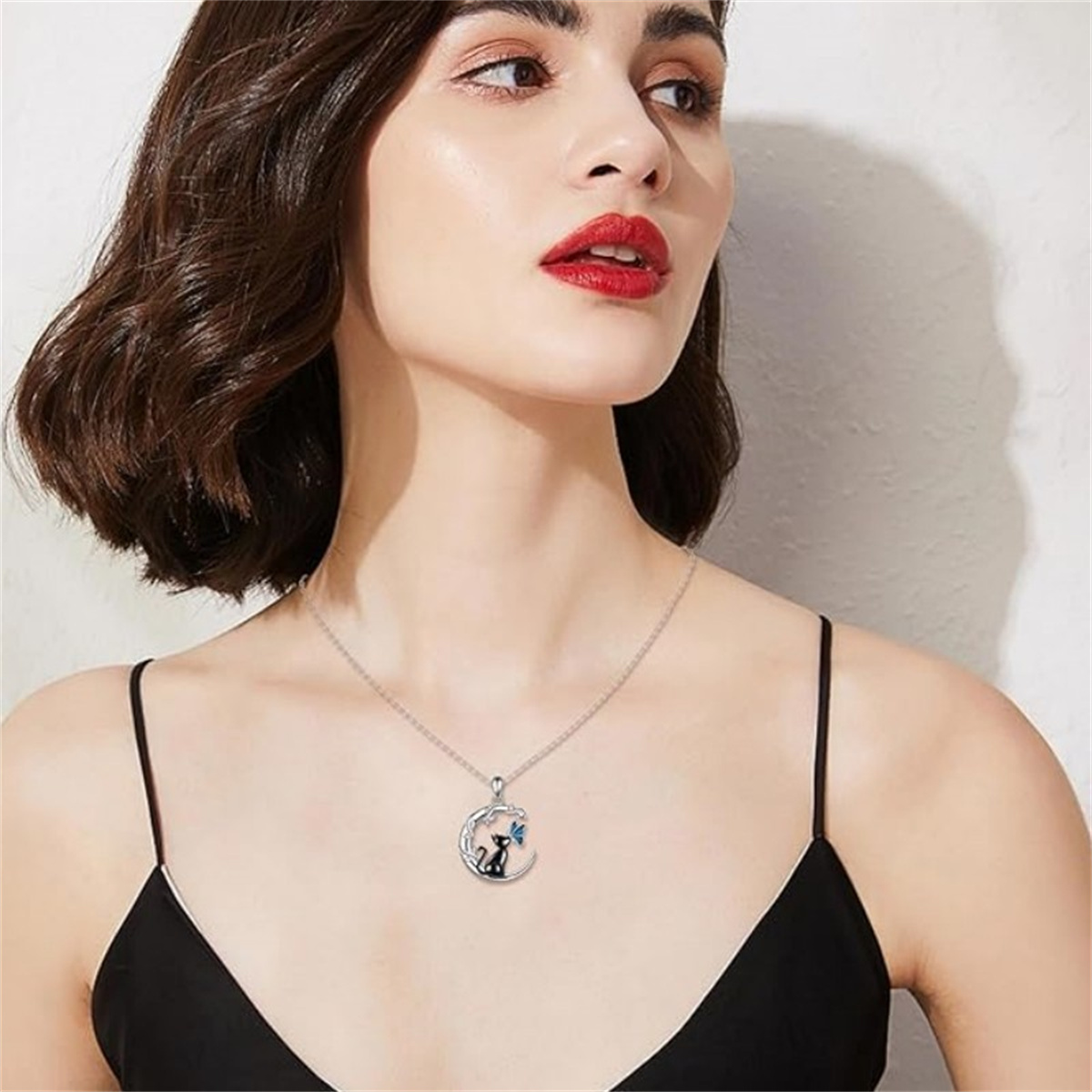 Vintage lindo negro pequeño gato mariposa Luna colgante collar para mujer gótico de Animal gatito clavícula cadena gargantilla joyería