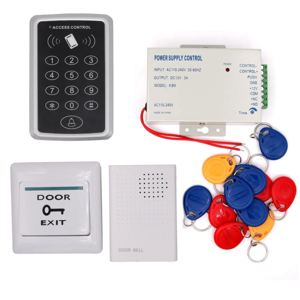 Biometric RFID 125KHz Proximity Card Door Entry Building Door Access Control System (Keypad Power Exit button Doorbell Keyfob)