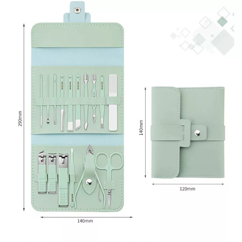 Juego de utensilios para el cuidado de las uñas, cortador de uñas de acero inoxidable, herramientas para el cuidado de las uñas y los pies, herramientas de manicura de belleza, juego portátil de viaje, 16 Uds.: Verde
