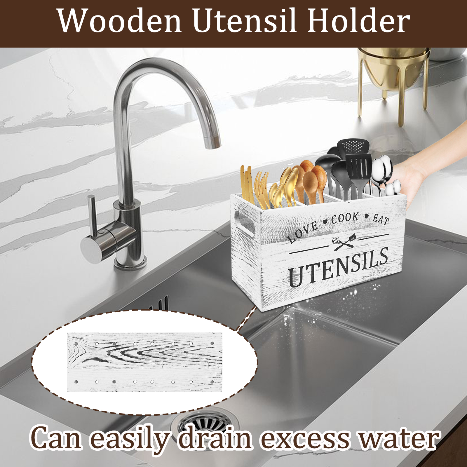 Træbestikholder til køkkenredskaber med 4 rum og drænbund til bestikopbevaring i køkkenet