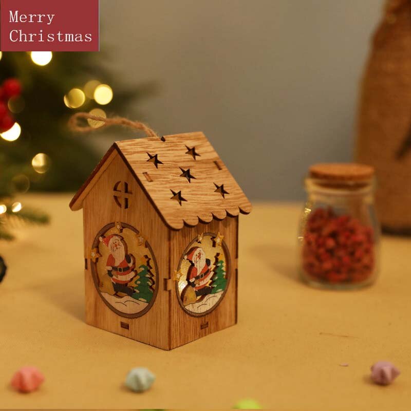 Houten Kerst kleine huis ornamenten Kerst houten huis kerstversiering gloeiende sneeuw huis