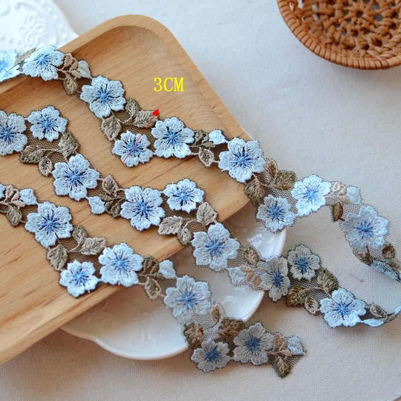 1Yard Blauw Beige Geborduurde Draad Bloem Kant Trim Diy Kledingstuk Accessoires Gehaakte Kant Lint 3Cm