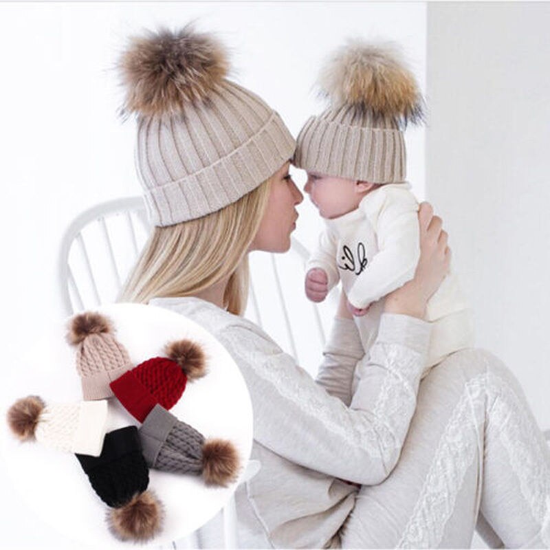 Gorro cálido de punto para madre e hijo, gorro de lana con pompón de pelo, gorro de esquí de ganchillo, 2 uds.