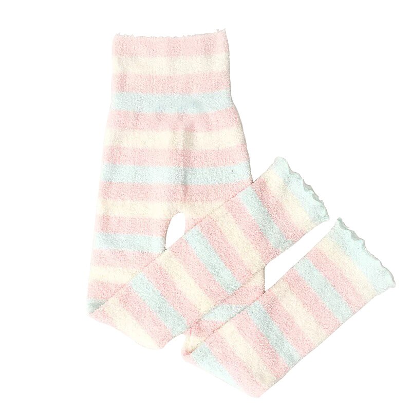 Japansk plys sovetøj bukser kvinder vinter blød varm sød regnbue stribet pink flanne hjemmetøj strikket afslappet lounge pyjamas: Lyserød