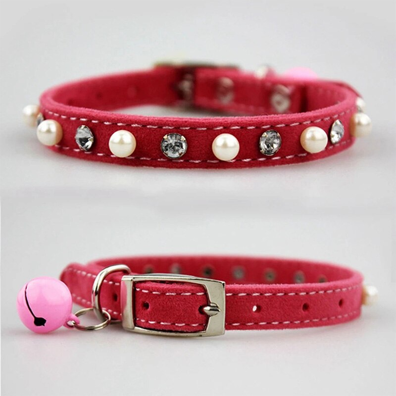 Adjustable Pet Cat Collar With Bell Diamond Pearl Retractable Necklace Kitten Dog Collar Neck Strap Cat Accessories Pet Supplies: Pink
