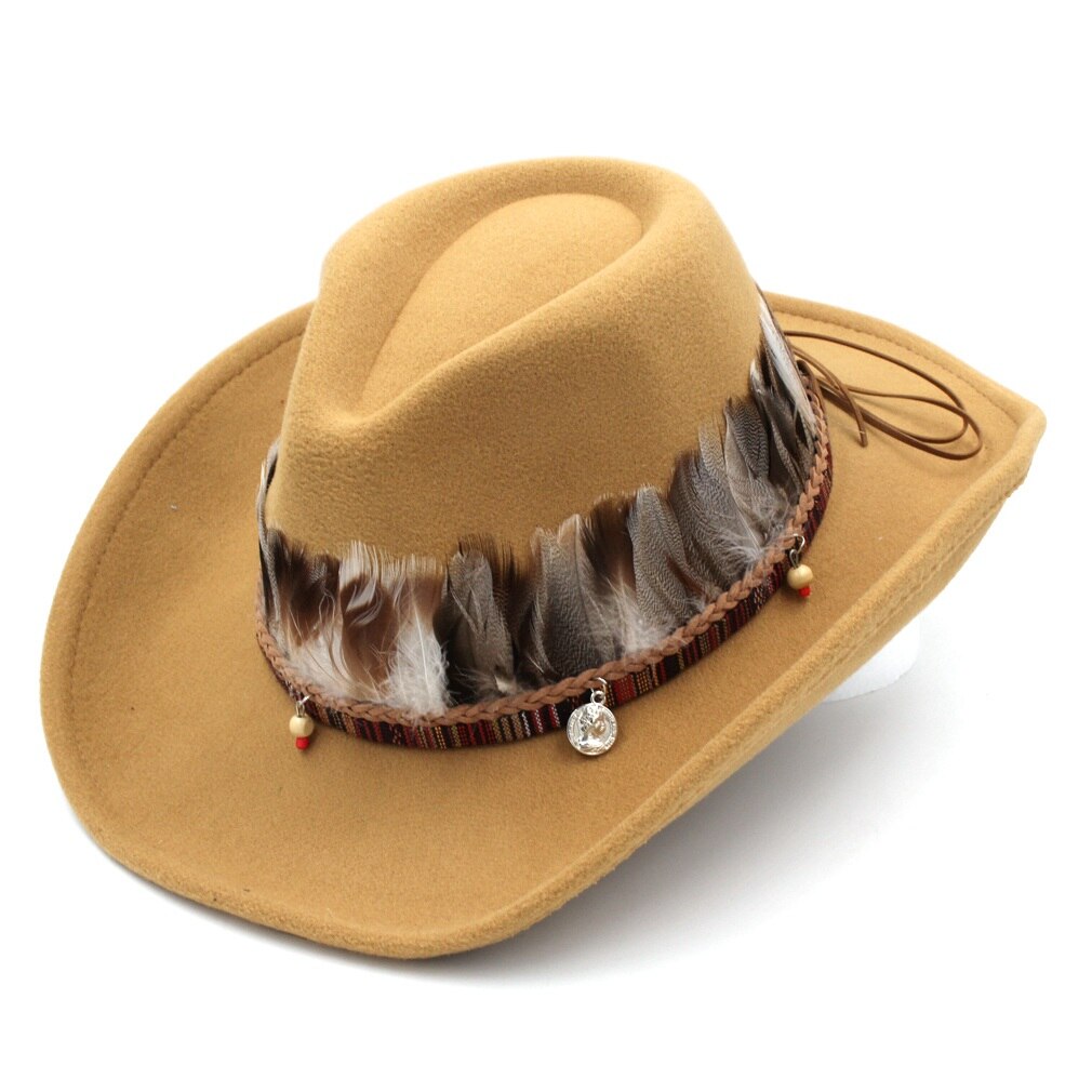 Miatdawn Unisex Wol Blend Western Cowboy Jazz Hoed Brede Rand Sombrero Godfather Cap Kerk Caps Cowgirl Veer Riem Verkocht: Khaki