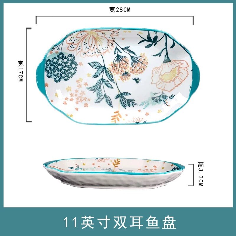 Keramische Diner Plaat Voedsel Platen Ins Stijl Creatieve Hand Getrokken Bloem Blauw Dessert Platen Taart Schotel Servies Set: 11 inch fish plate