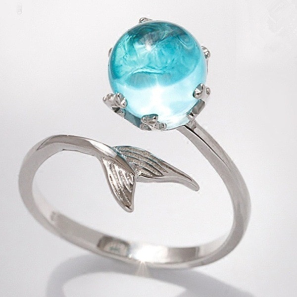 Luxe Vrouwelijke Blauw Kristal Mermaid Ring Leuke Zilveren Kleur Vintage Open Trouwringen Voor Vrouwen Promise Engagement Ring