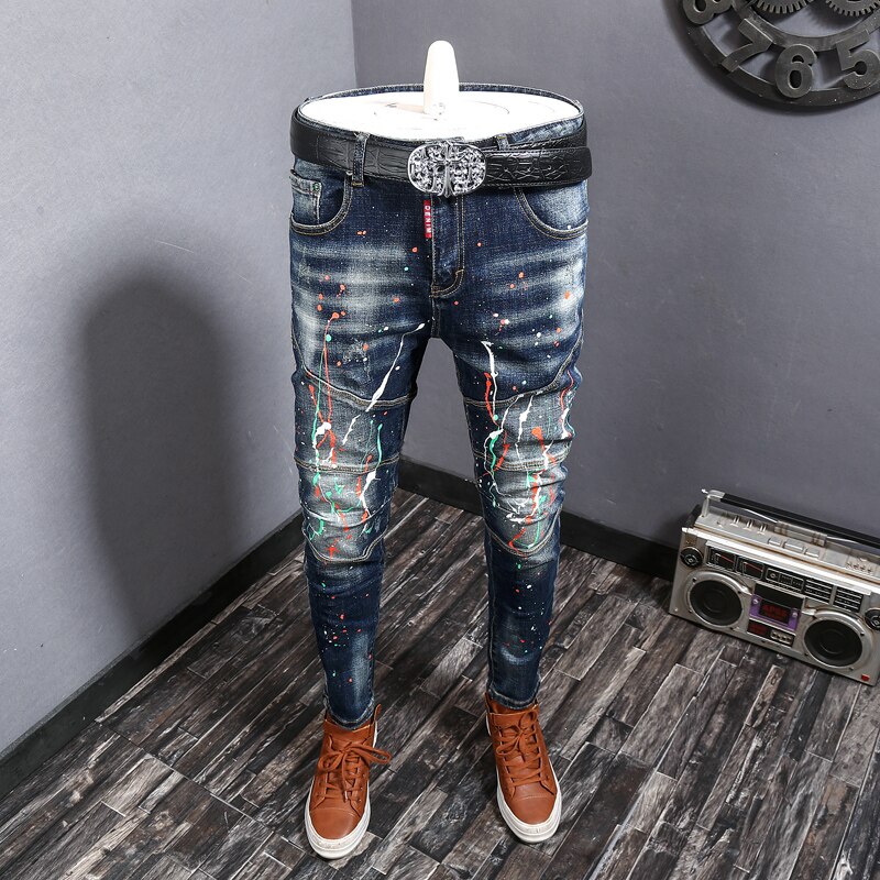Streetwear mænd jeans spliced slim fit ripped biker jeans homme paint elastisk hip hop lange bukser: 28
