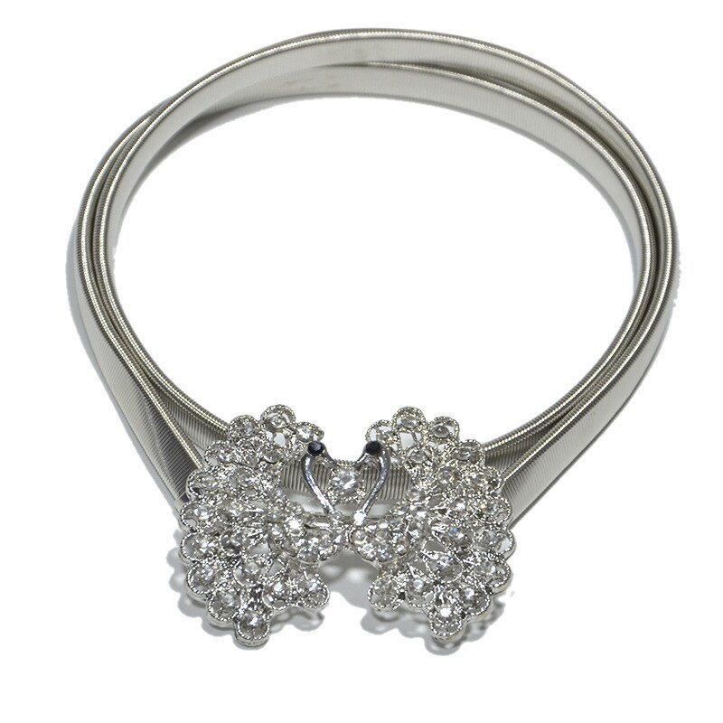 Womens Elastic Metal Waist Belts Women Silver Gold Chain Belts Female Heart Buckle Belts For Ladies Dresses: PeacockSilver
