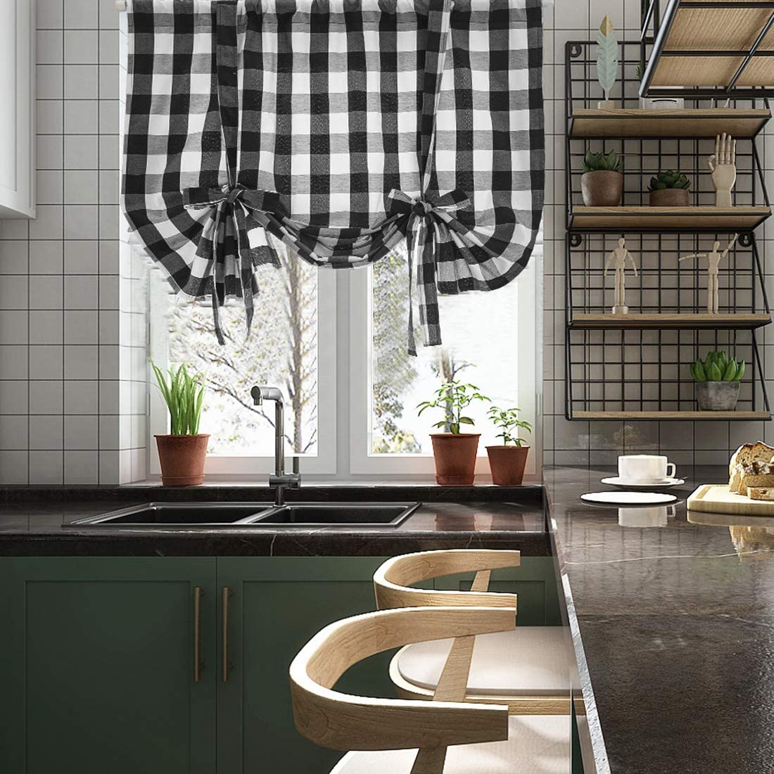 Geruite print kort raamgordijn met gat, verstelbare vouwgordijnen verduisterende gordijnen voor woonkamer, keuken