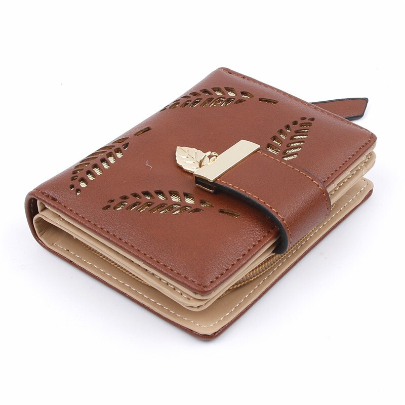 cuir PU femmes portefeuille fermeture éclair moraillon creux dame court sac à main feuille rétro portefeuille Photo porte-carte sac: brown