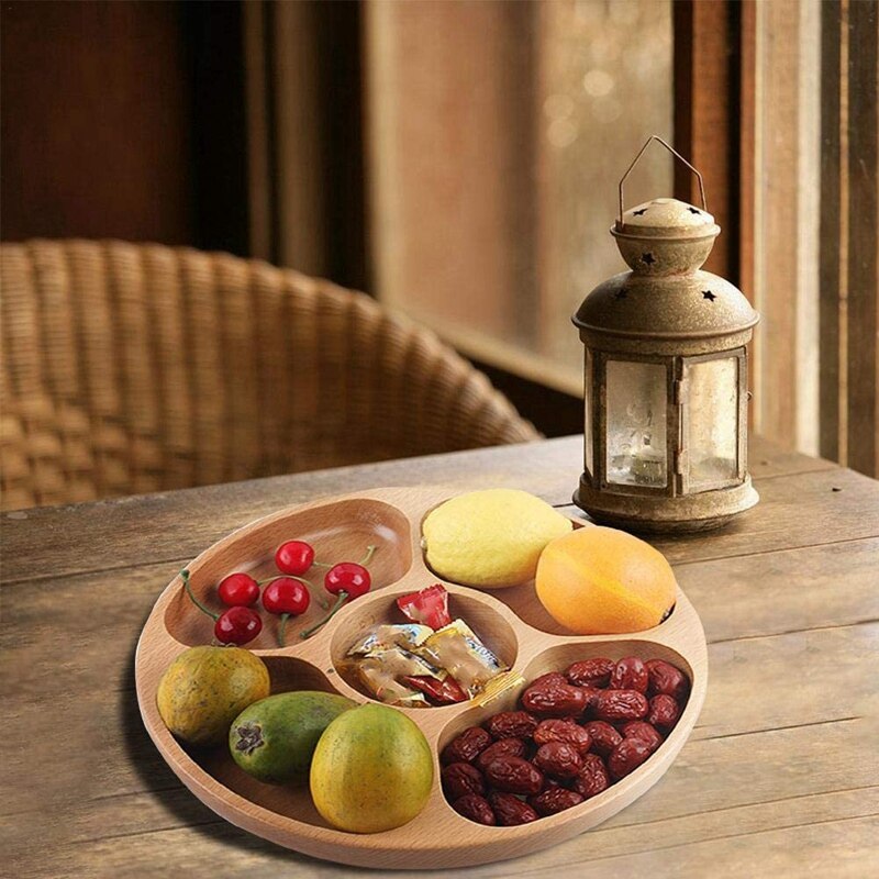 Wood Appetizers Serving Dish Household 5 Compartments Snack Dry Fruit Plate Candy Tray Round Divided Snack Plate Tray