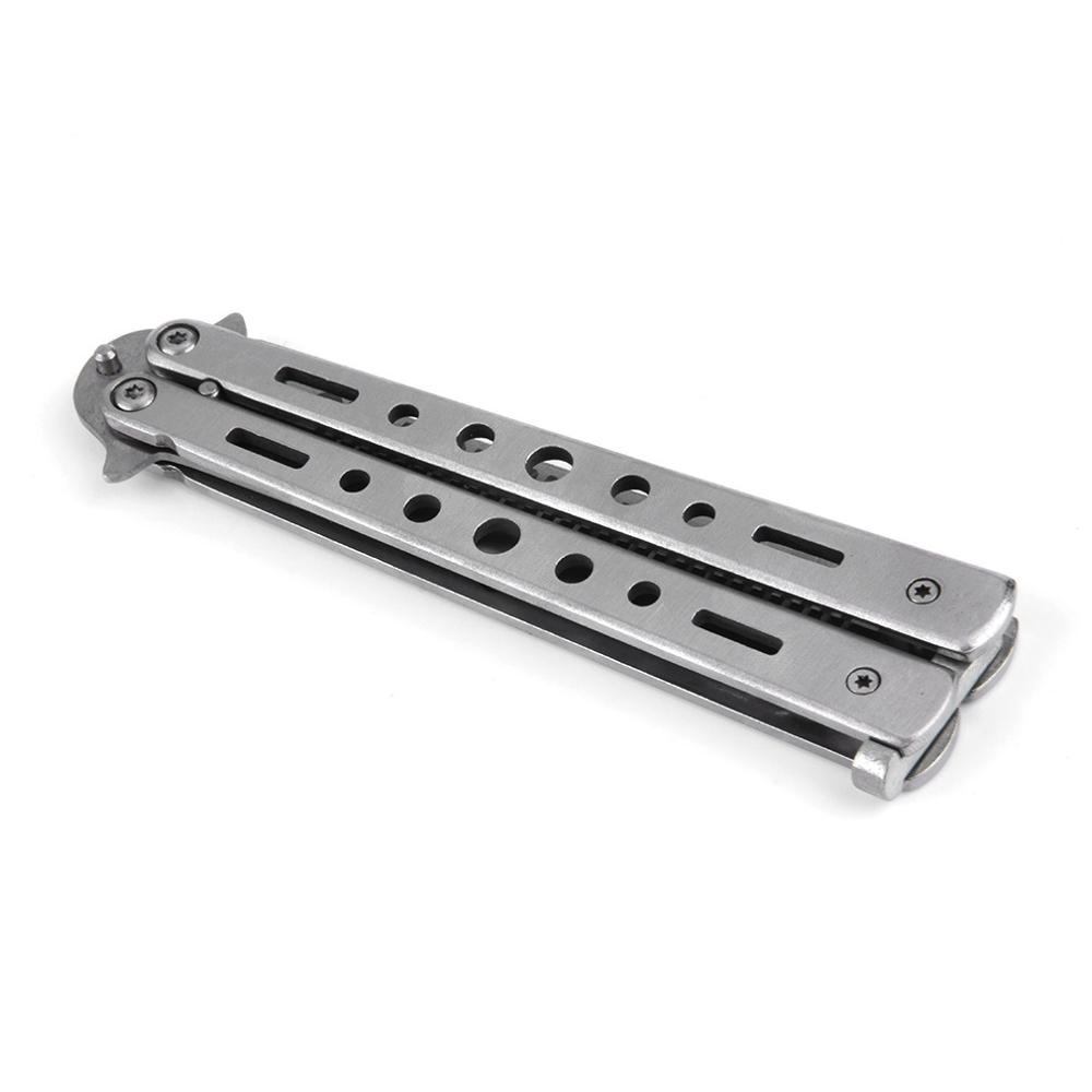 Navaja de práctica de mariposa de acero inoxidable plateado, cuchillo de entrenamiento plegable, cuchillo opaco, herramienta de campamento al aire libre, herramienta de Peine