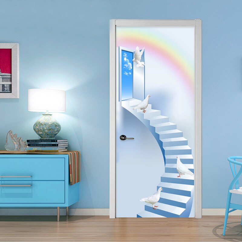 Home Decor Door Sticker 3D Stairs Pigeon Rainbow Mural Wallpaper Living Room Kid&#39;s Bedroom Door Poster Self-Adhesive Waterproof