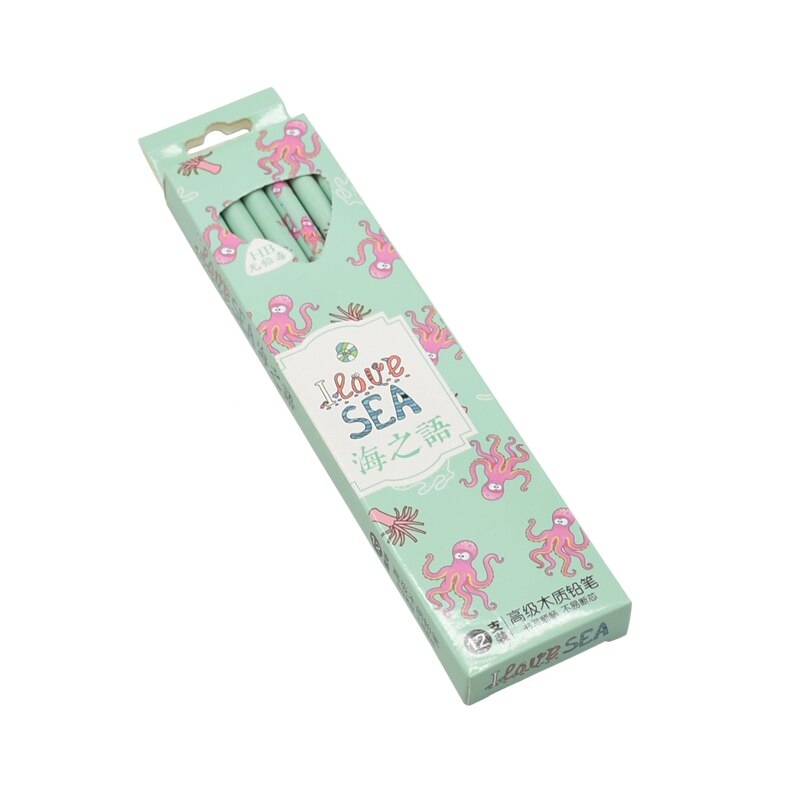 12 pcs/set exam pencil Student pencils cute cartoon animals Writing drawing pencil set Stationery: Light Green