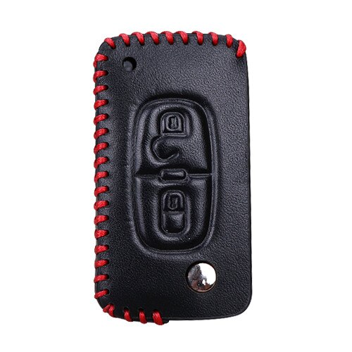 Leather Car Key Case Cover For Peugeot RCZ 107 206 207 208 306 307 308 407 408 Auto Key Bag Shell Protector Accessories: 2 Button Red