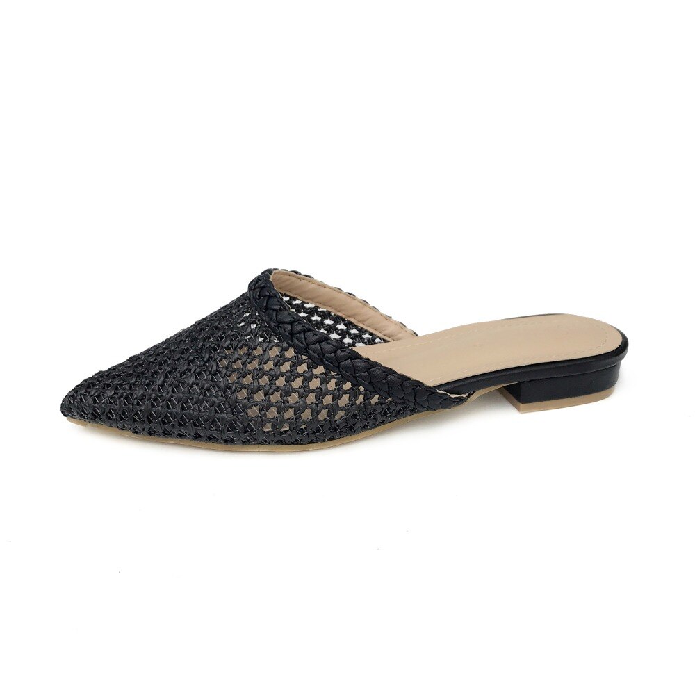 Vrouwen Wees Lage Hak Slippers Zomer Riet Geweven Rotan Gras Sandalen Strand Schoenen Vrouwen Slippers Platte Schoenen slides: Black / 8