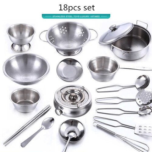 40Pcs Stainless Steel Kids House Kitchen Toy Cooking Cookware Children Pretend & Play Kitchen Playset for Children- Silver: 18Pcs No box