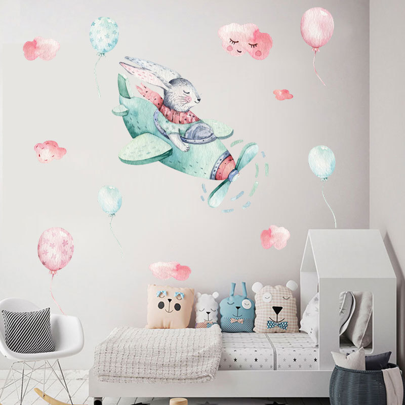 Tegneserie akvarell kanin himmel ballong vegg klistremerker til barnesoverom barnehage trapp hjem dekor baby jenter
