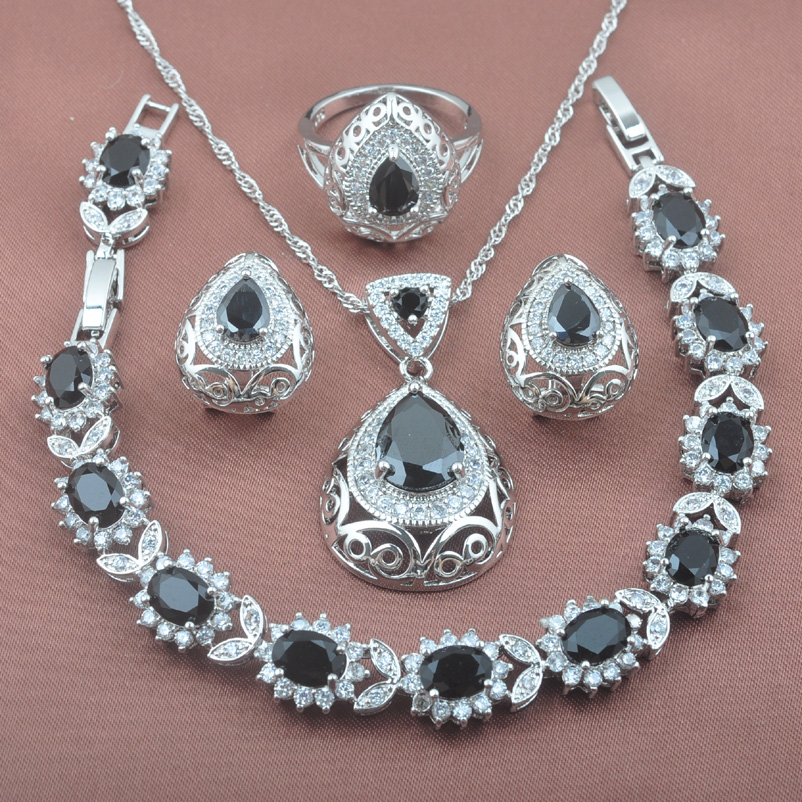 Fasjion Zwart Zirconia Zilveren Kleur Sieraden Set Voor Vrouwen Oorbel Ketting Hanger Ringen Armband YZ0212: 9