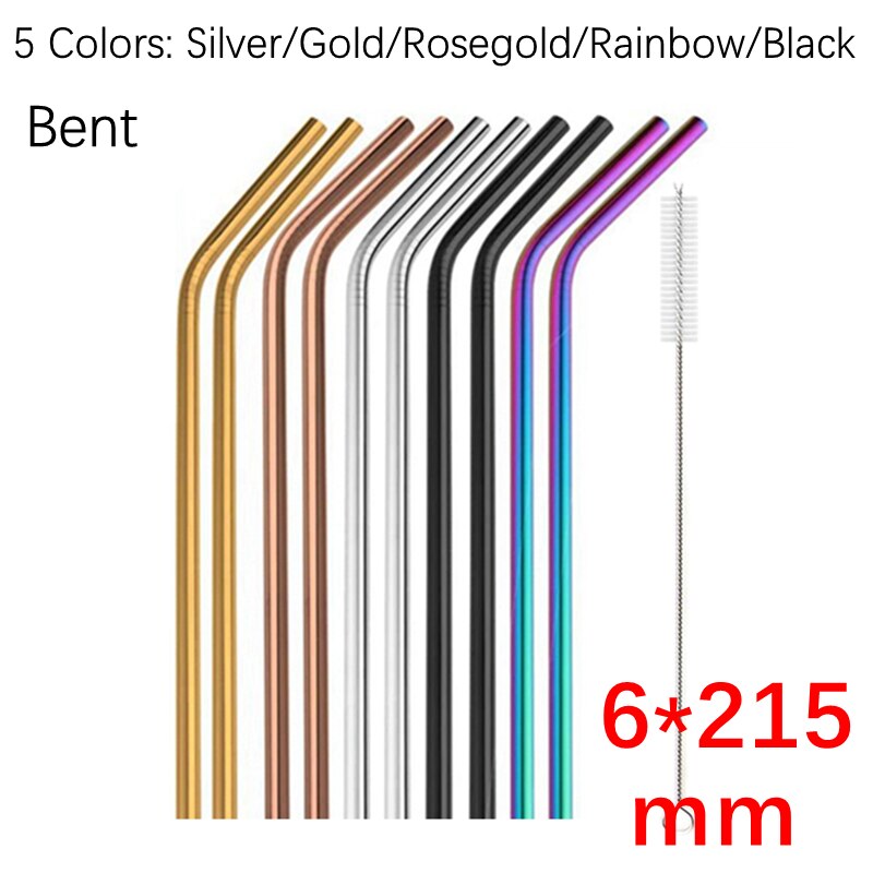 Large Wide Reusable Metal Smoothie Straws Reusable Eco-friendly 304 Stainless Steel Boba Bubble Straw for Bar Drinking Accessory: 6mm 5Color Bent