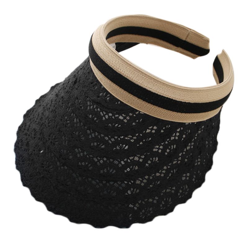 Cappello estivo da donna con visiera parasole vuota scava fuori cappello da spiaggia tutto'aperto a tesa larga in maglia a righe in pizzo floreale tutto'uncinetto: nero