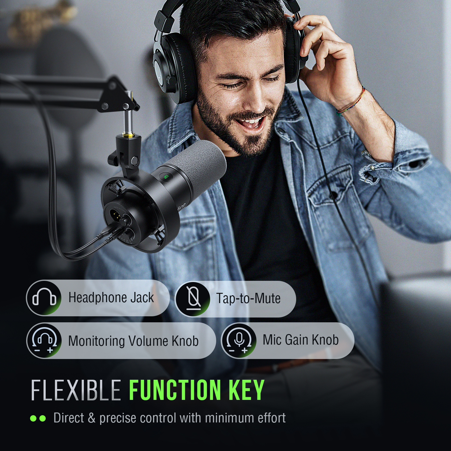 Mikrofon dynamiczny FIFINE USB/XLR z mocowaniem amortyzującym, wyciszeniem dotykowym, gniazdem słuchawkowym i regulacją głośności, do komputera lub nagrywania kart dźwiękowych -K688