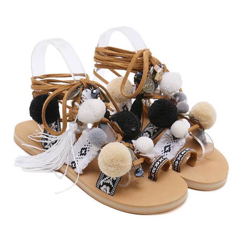 Pom Pom Gladiator Bohemia Sandals Women Lace up Knee High Flat Sandal Women Shoe Summer Apricot M999-17