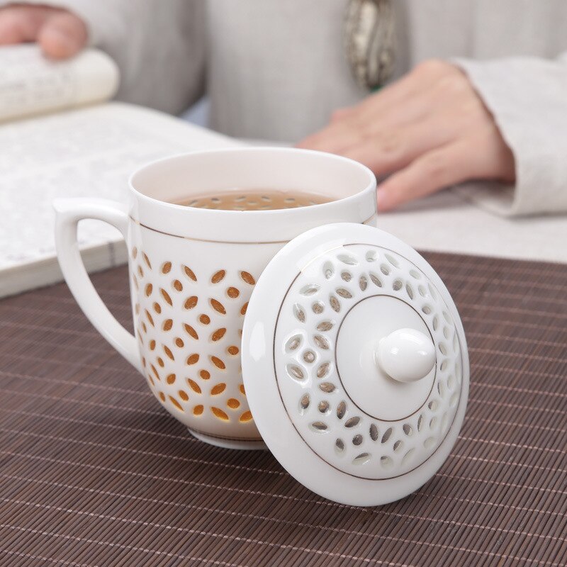 Exquisite 300Ml Jingdezhen Holle Honingraat Keramische Porselein Thee Cup Gezondheid Cup Mok Melk Koffie Thee Cup Met Deksel schotel