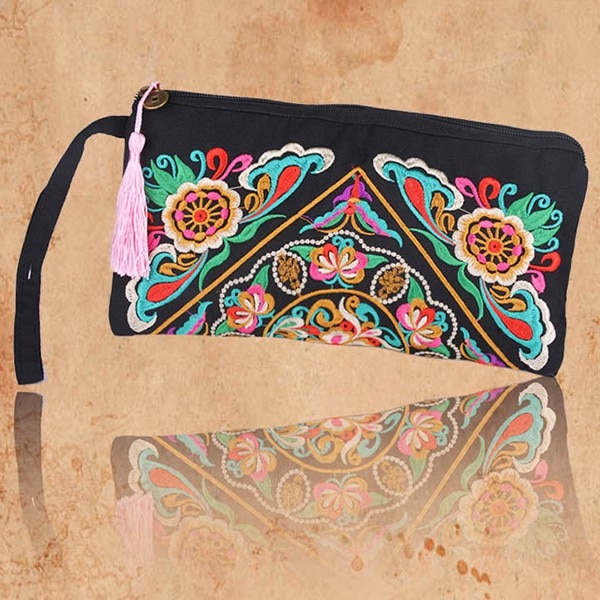 Portefeuille brodé style bohème Hippie pour femmes, fourre-tout avec pompon, Vintage, ethnique, tendance,