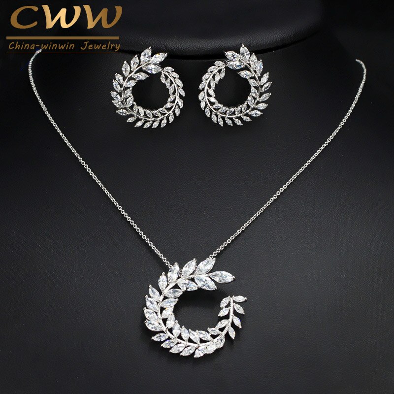 CWWZircons Women Costume Jewelry Sparkly Olive Branch Marquise Cut Cubic Zirconia Pendant Necklace and Earring Sets T087: Default Title
